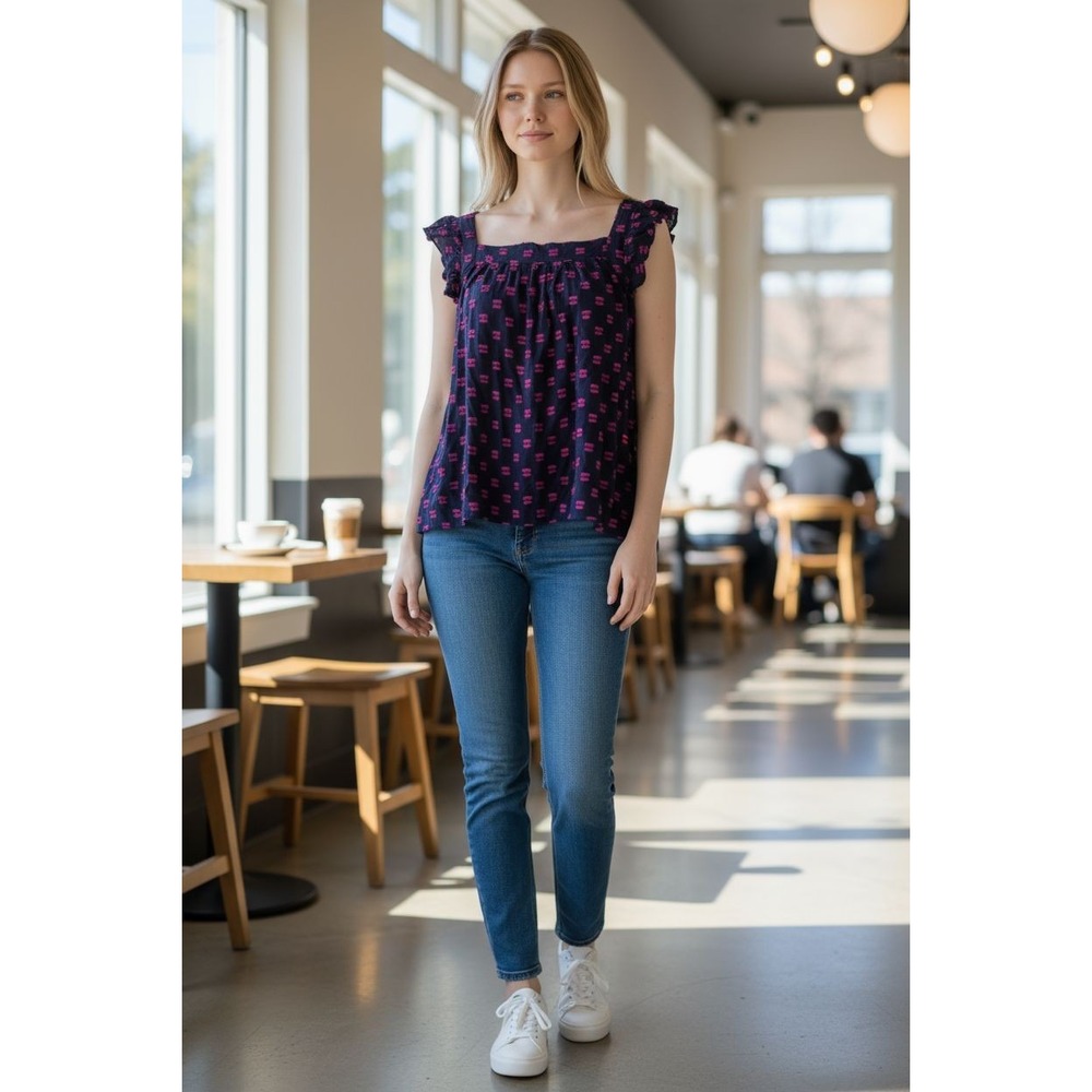 NWT LOFT Ruffle Strap Top Blouse Navy & Pink Textured Print SZ S Soft Romantic‎